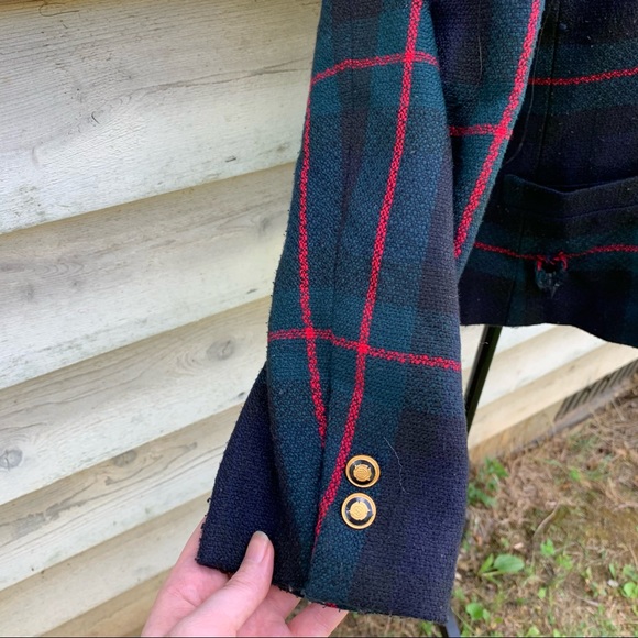 Vintage 80s Green Plaid Collared Velour V-Neck Button Down Long Sleeve Blazer - Picture 12 of 16